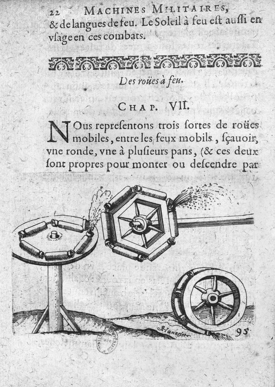 Pyörät ilotulitteita varten, kuva lähteestä "Recueil de plusieurs machines militaires et feux artificiels pour la guerre et recreation", Francois Thybourel, Pont-a-Mousson, 1620. tekijältä Jean, known as Hanzelet Appier