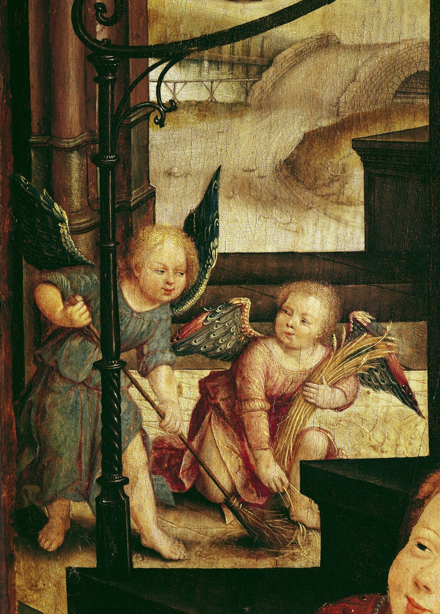 Triptyykki Lapsen palvonnasta, yksityiskohta kahdesta enkelistä pyyhkäisemässä oikealta paneelilta, 1529 tekijältä Jean the Elder Bellegambe