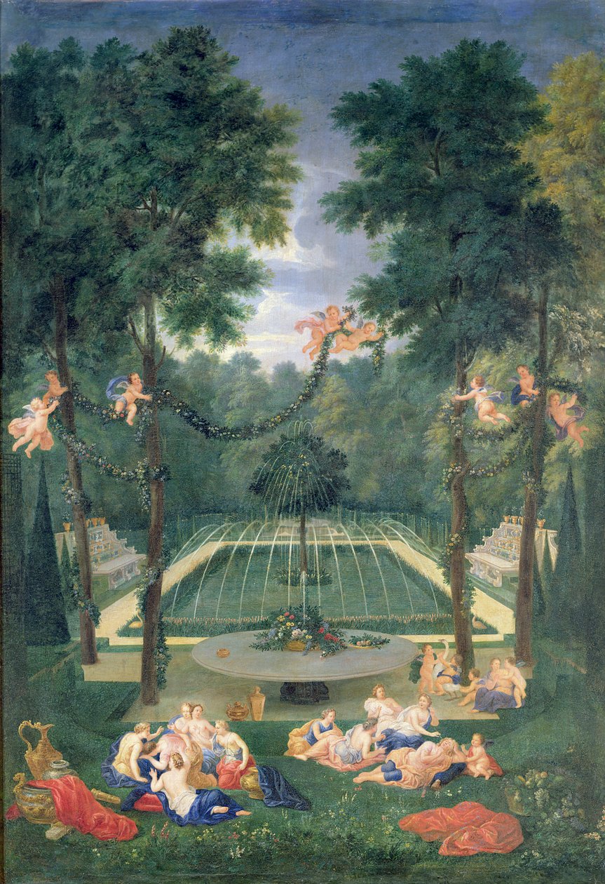 Versaillesin lehdot, näkymä Marais-joelle Venuksen ja Kaiun kanssa, 1688 tekijältä Jean the Younger Cotelle