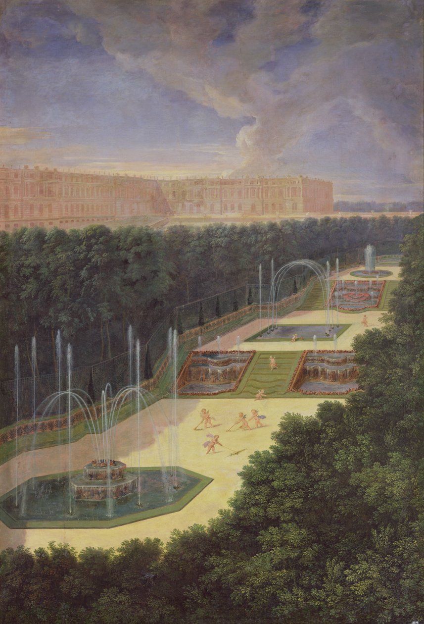 The Groves of Versailles, Pananaw na Pananaw ng Tatlong Fountain na may mga Cherub na Naghahasik at Nagdidilig, 1688 finn tekijältä Jean the Younger Cotelle