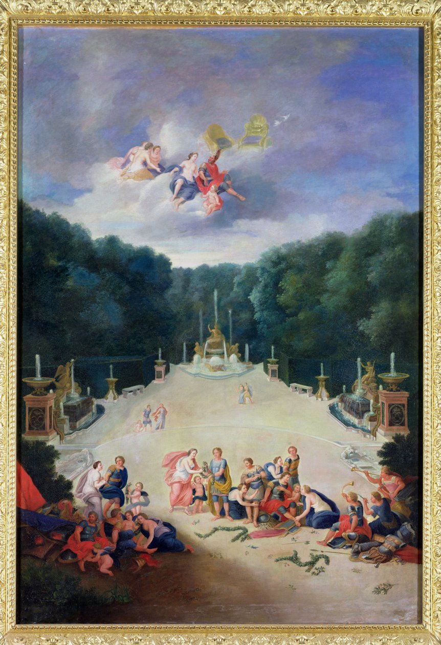 Versaillesin lehdot. Näkymä Riemukaarelle ja Ranskan voitokas nymfien kanssa, jotka ketjuttavat vankeja ennen Venusta ja Marsia, 1688 tekijältä Jean the Younger Cotelle