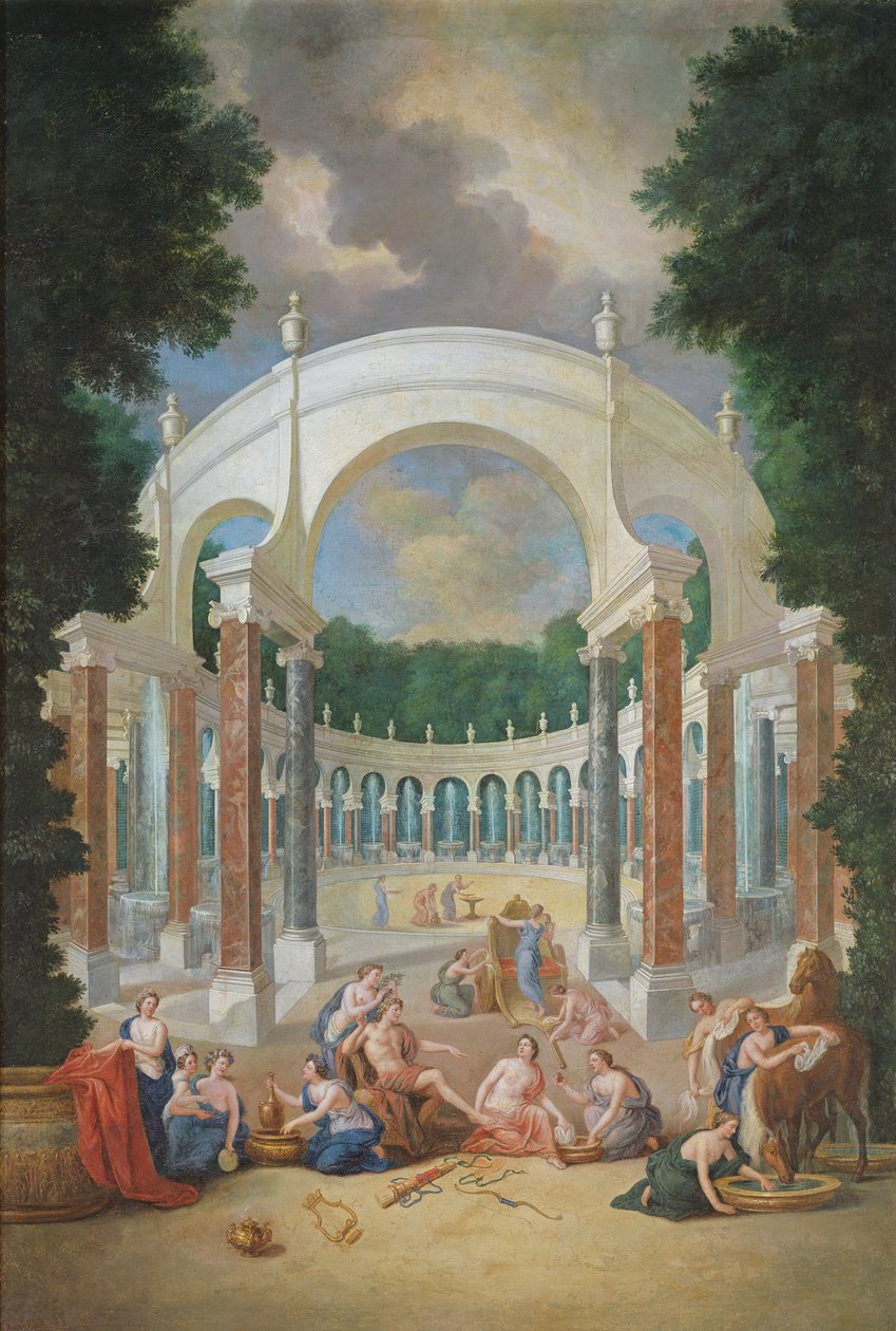 Versaillesin lehdot. Näkymä pylväikkölle Apollon ja nymfien kanssa tekijältä Jean the Younger Cotelle