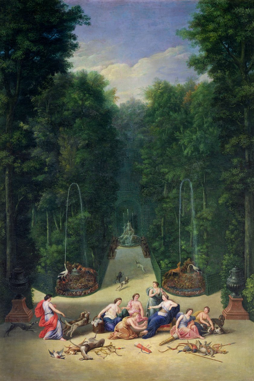 Versaillesin lehdot: Näkymä sokkelosta Dianan ja hänen nymfiensä kanssa, 1688 tekijältä Jean the Younger Cotelle