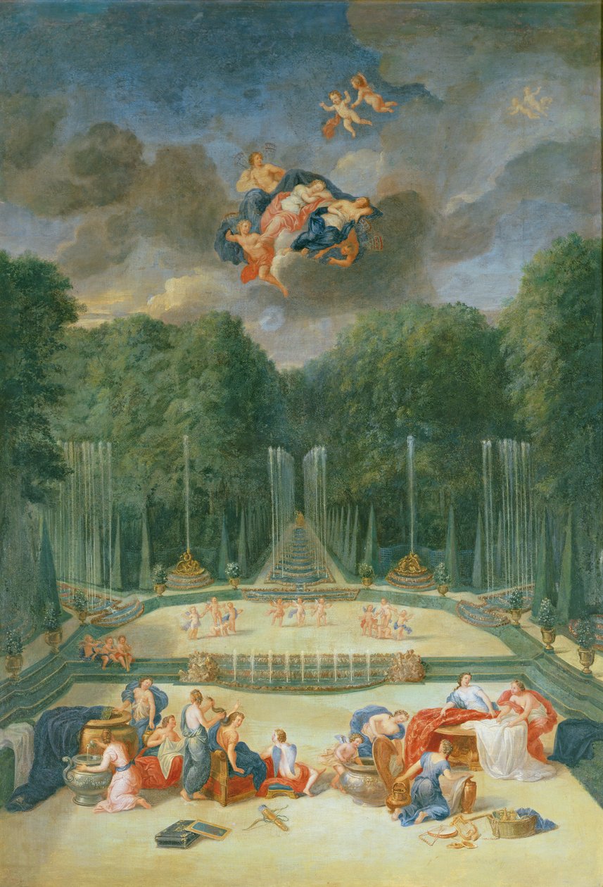 Versaillesin lehdot. Näkymä Theatre of Waterista, jossa nymfit odottavat Psychen vastaanottamista tekijältä Jean the Younger Cotelle