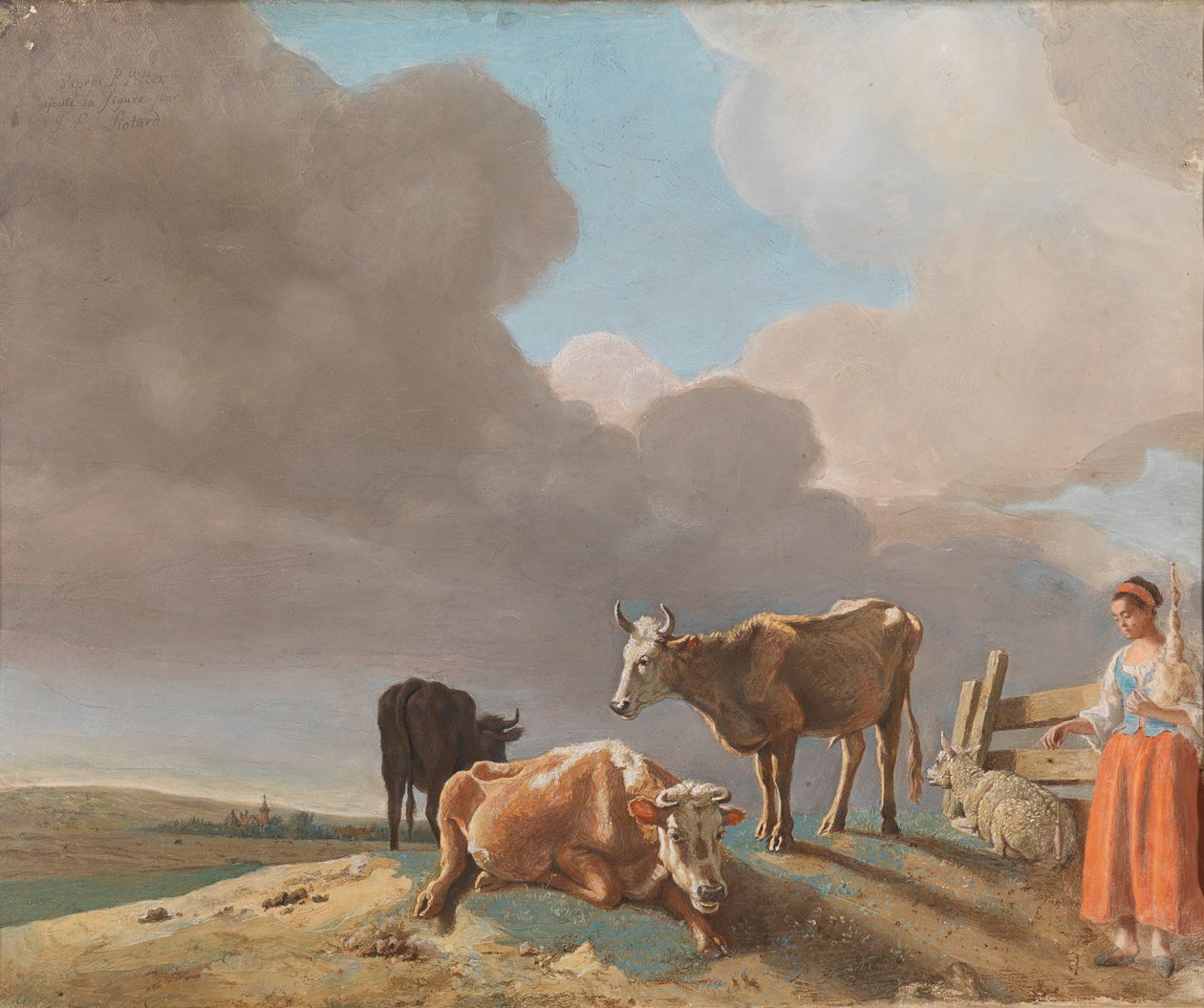 Landschap met koeien, schapen en herderin tekijältä Jean Étienne Liotard