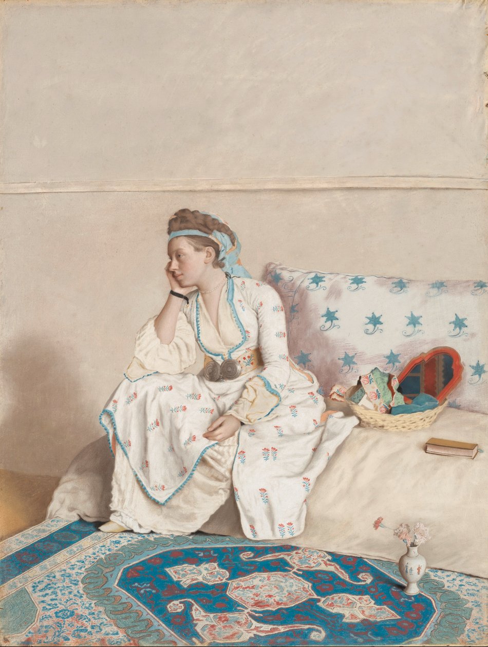Taiteilijan vaimon Marie Farguesin muotokuva turkkilaisessa puvussa. tekijältä Jean Étienne Liotard