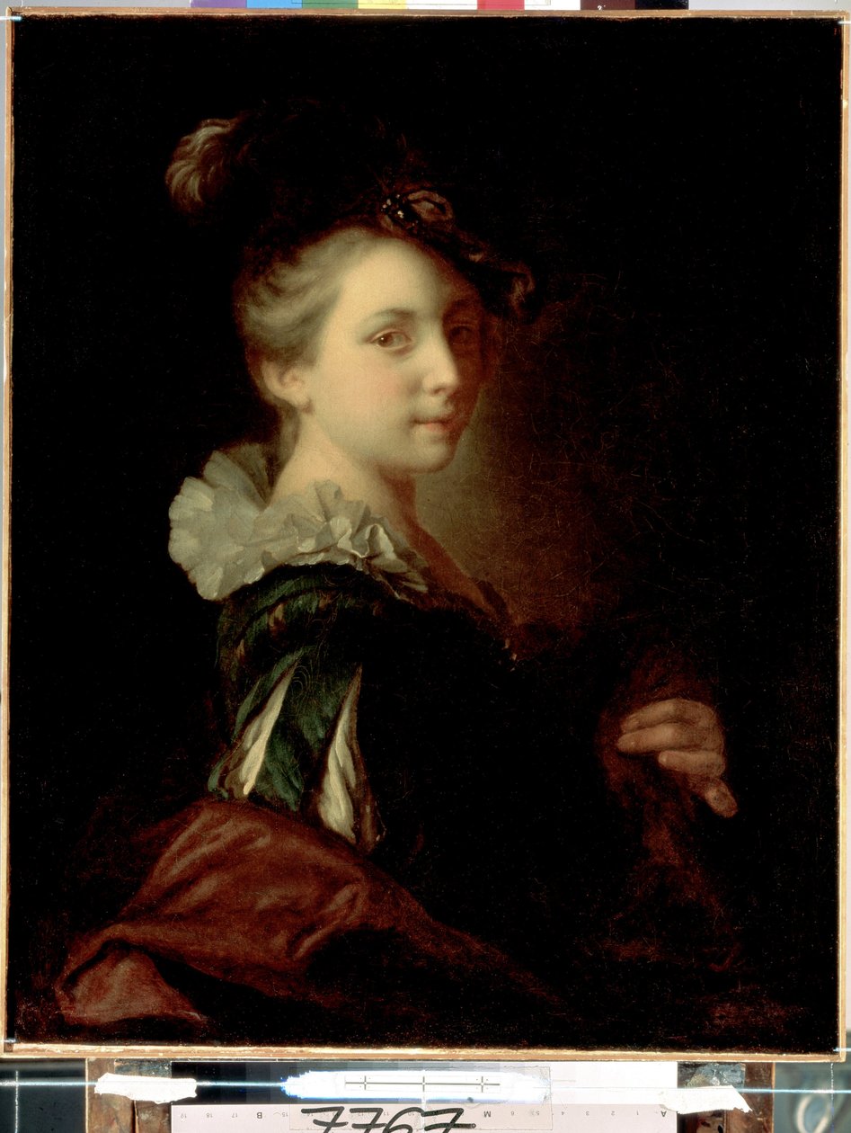 ""nuori näyttelijä teatteriasussa"" (Nuori nainen teatteripuvussa) Alexis Grimoun (1678-1733) maalaus n. 1730 Koko 74x59 cm Pietarin Eremitaaši tekijältä Jean Alexis Grimou