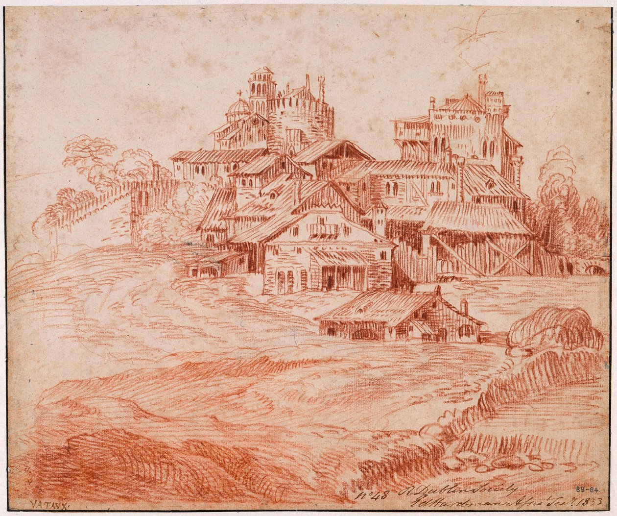 Befestigtes Dorf mit Burg, Bergfried und Kirche tekijältä Jean-Antoine Watteau