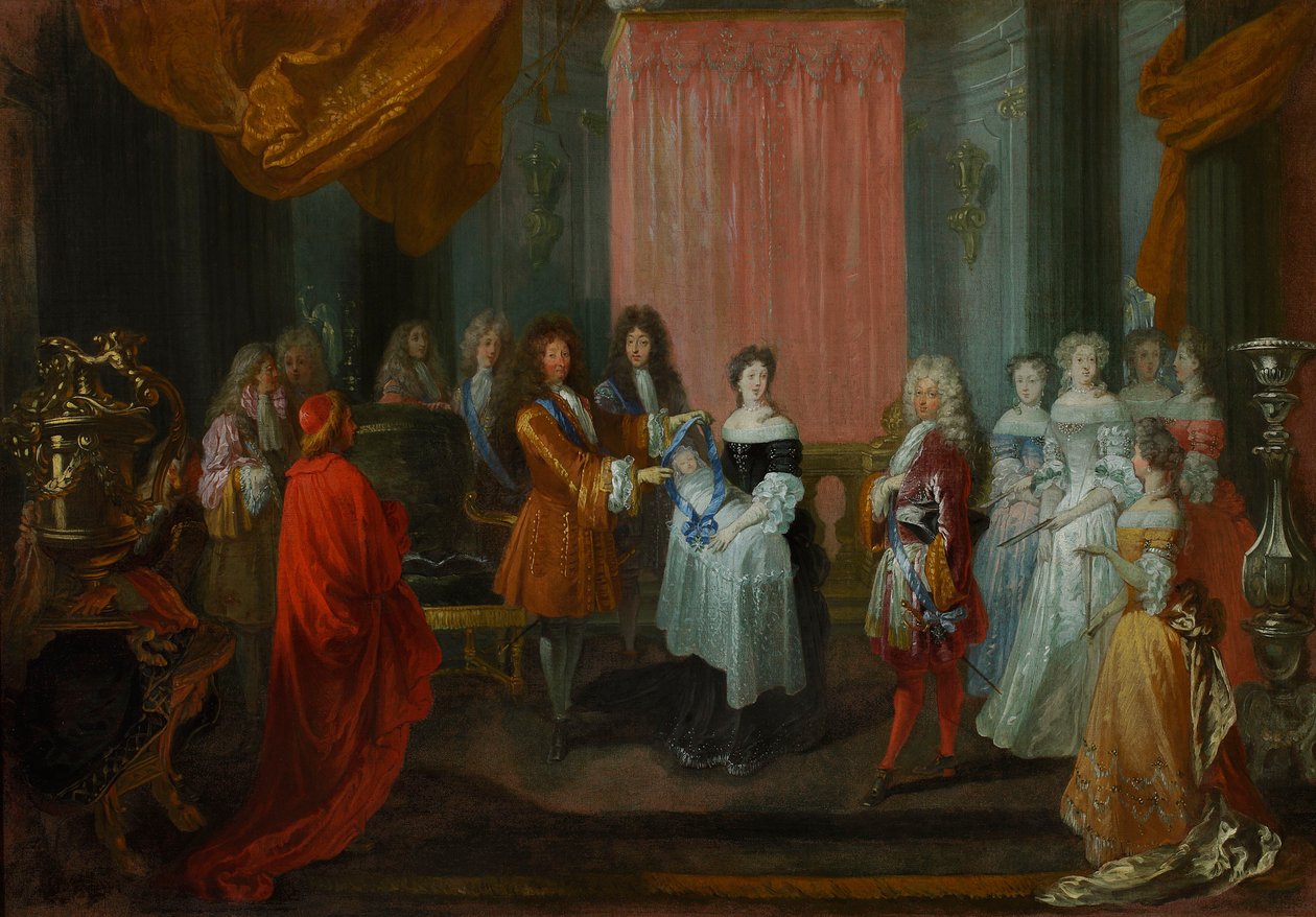 Ludvig XIV myöntää Cordon Bleu -ritarikunnan kunniamerkin Burgundin prinssille, tulevan Ludvig XV:n isälle. tekijältä Jean-Antoine Watteau