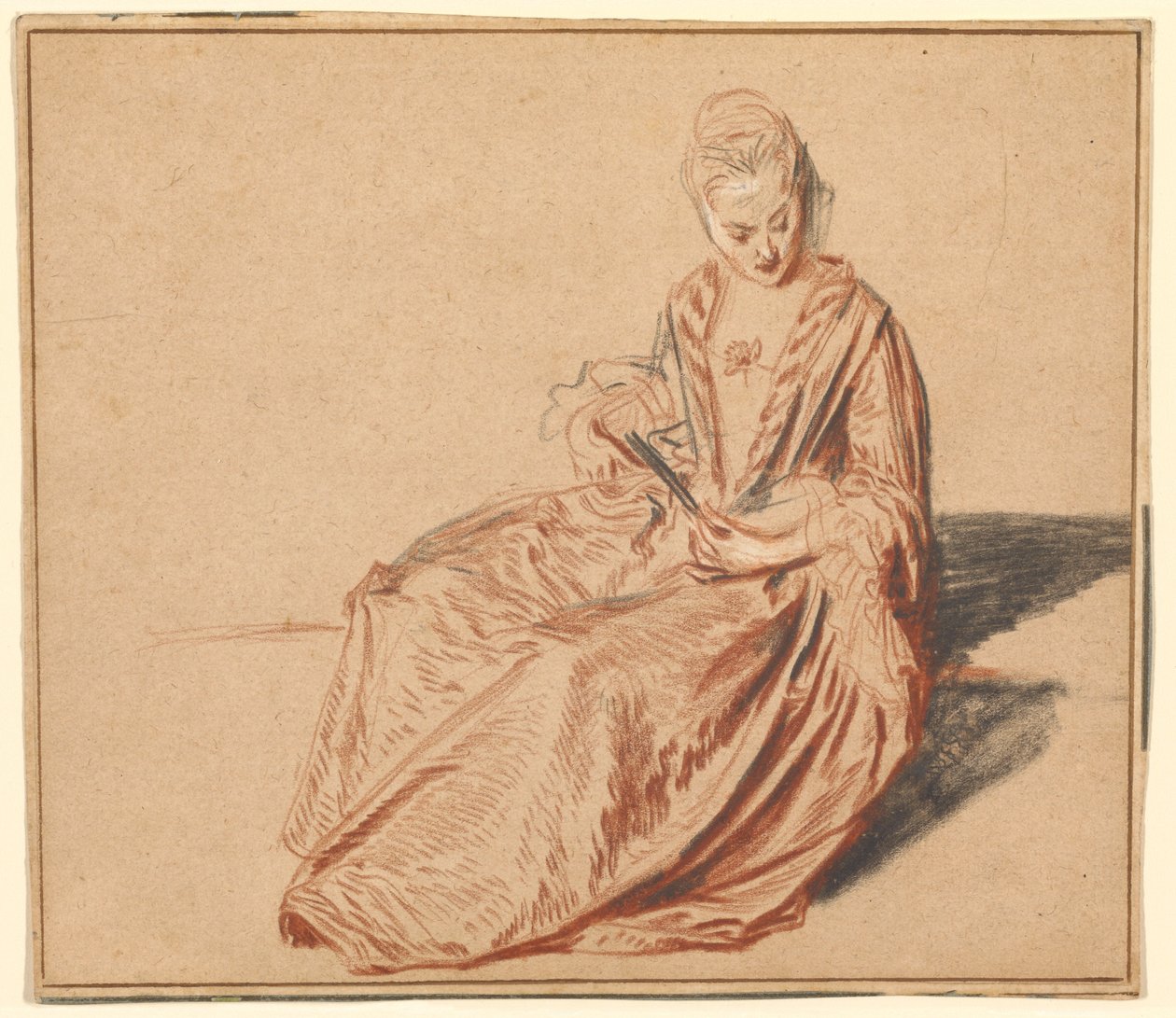 Istuva nainen, jolla on viuhka tekijältä Jean-Antoine Watteau