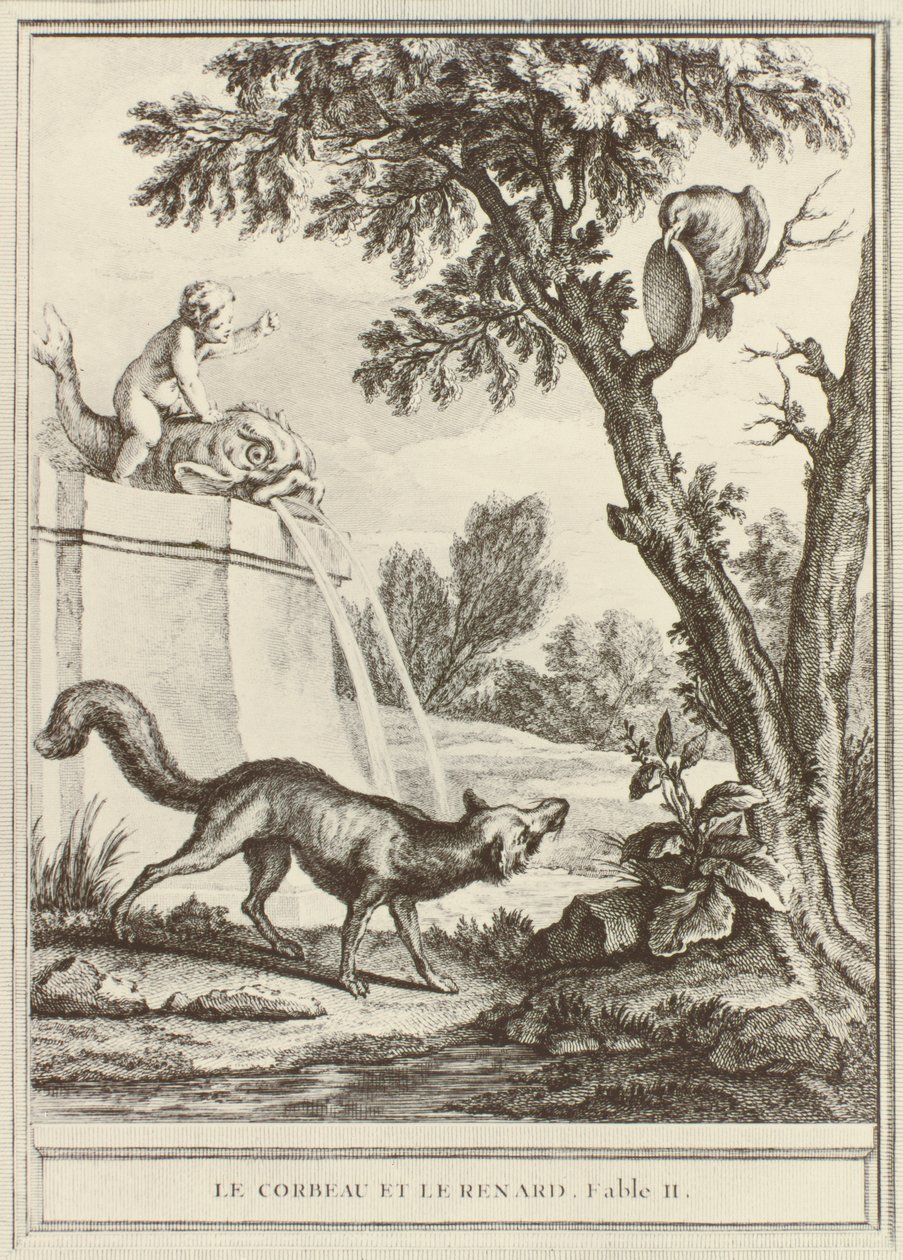 Kettu ja varis, Jean de la Fontainen teoksesta Fables Choisies, mises en vers, kaiverrus Charles Nicolas Cochin, julkaistu 1755-1759 tekijältä Jean Baptiste Oudry