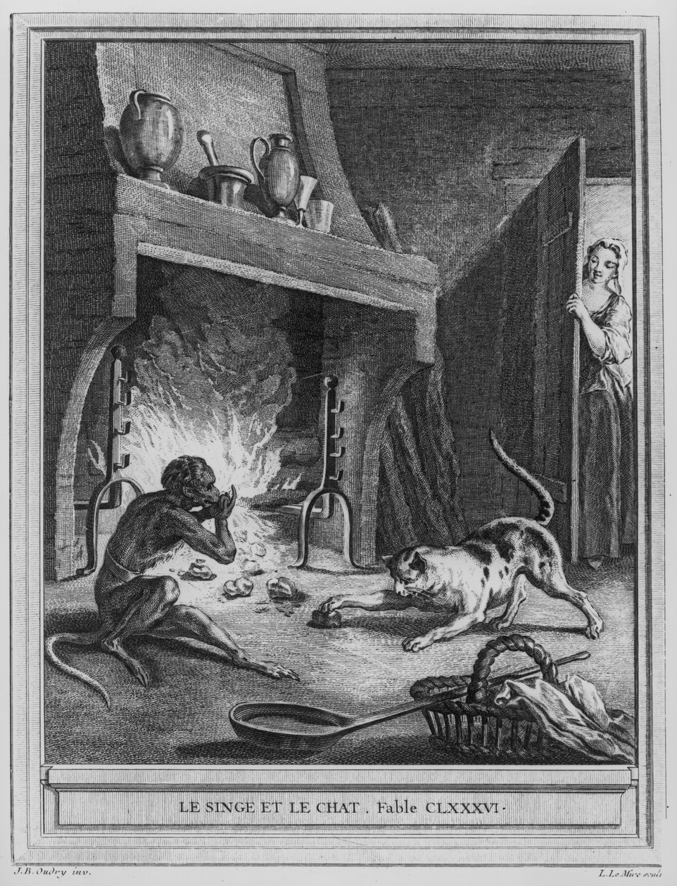 Apina ja kissa, kuvitus Jean de La Fontainen (1621-95) "Fables" -kirjoituksiin, kaiverrettu Louis Le Mire (1736-57) tekijältä Jean Baptiste Oudry