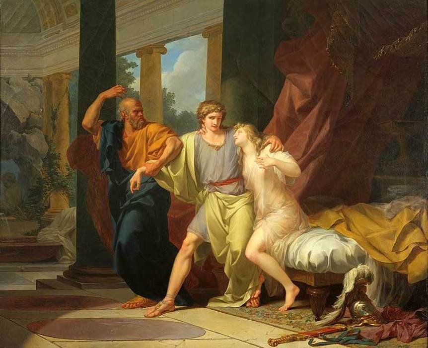 Sokrates vetää Alkibiadet Aspasian syleilystä tekijältä Jean Baptiste Regnault