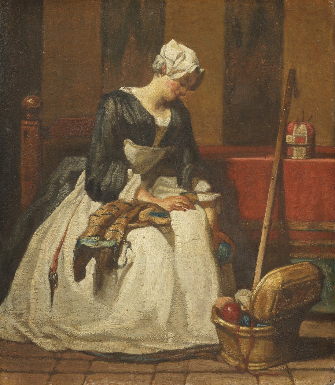The Embroiderer (öljy tammelle) tekijältä Jean Baptiste Simeon Chardin
