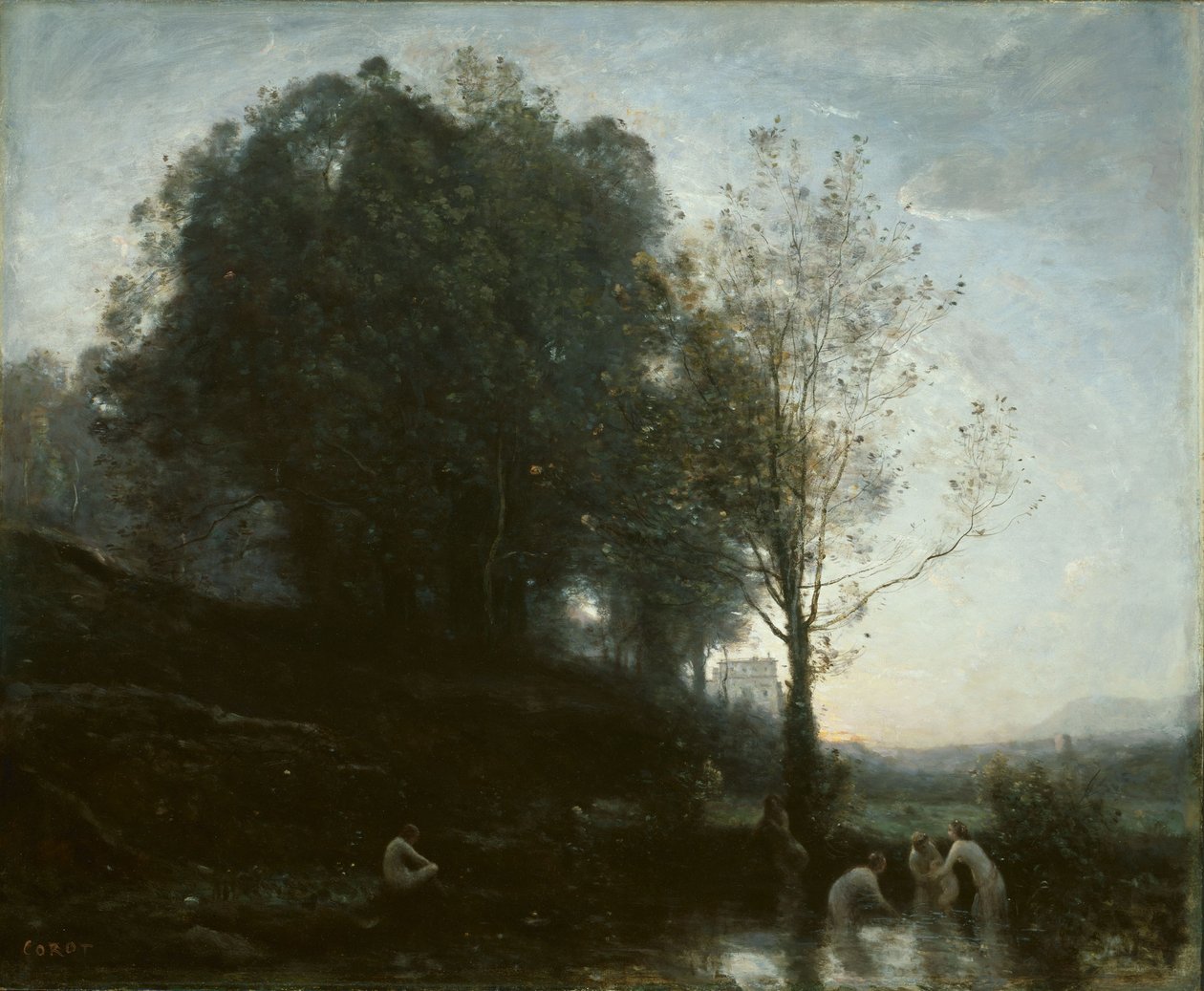 Kylpevät nymfit ja lapsi tekijältä Jean-Baptiste-Camille Corot