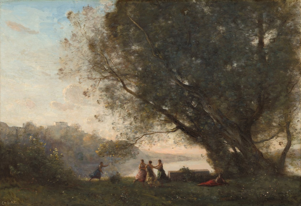 Tanssi puiden alla järven reunalla tekijältä Jean-Baptiste-Camille Corot