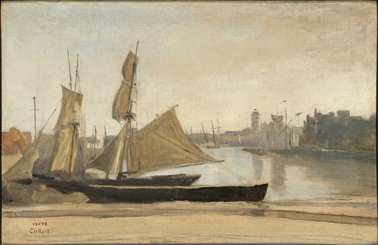 Dunkerque, laituriin kiinnitettyjä kalastusveneitä tekijältä Jean-Baptiste-Camille Corot