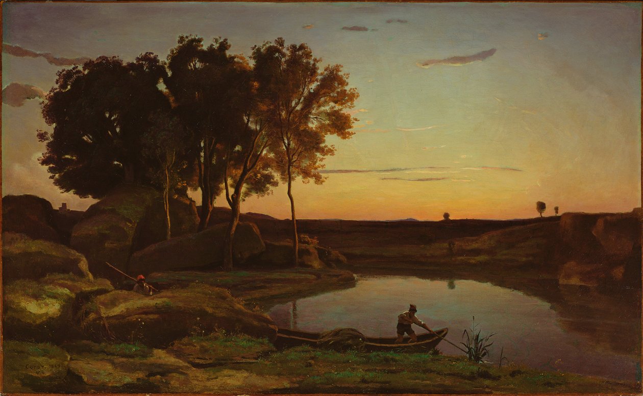 Maisema, järvi ja venemies tekijältä Jean-Baptiste-Camille Corot