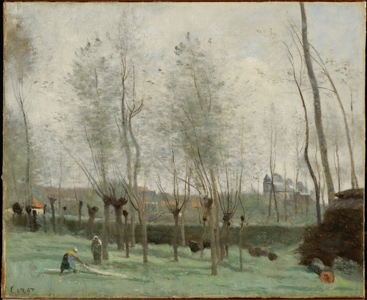 Pyykkärinaiset pajulehdossa tekijältä Jean-Baptiste-Camille Corot