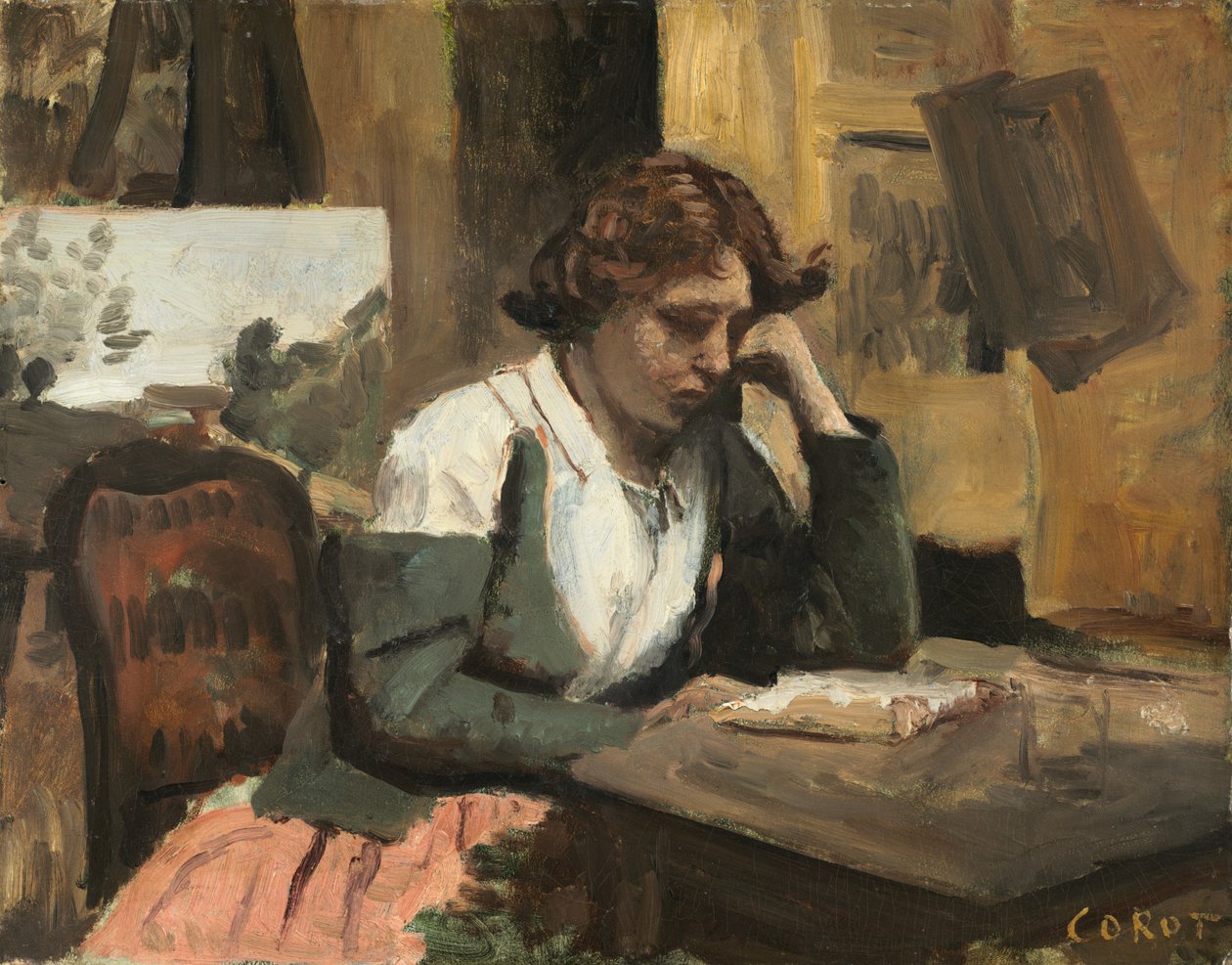 Nainen lukemassa studiossa tekijältä Jean-Baptiste-Camille Corot