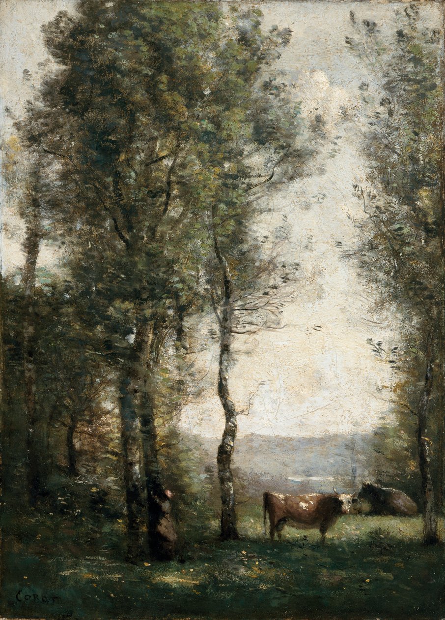 Metsäinen maisema, jossa lehmät raivaamolla tekijältä Jean-Baptiste-Camille Corot
