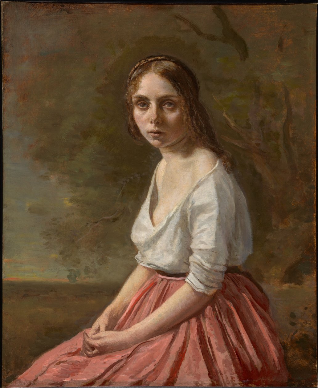 Nuori nainen vaaleanpunaisessa hameessa tekijältä Jean-Baptiste-Camille Corot