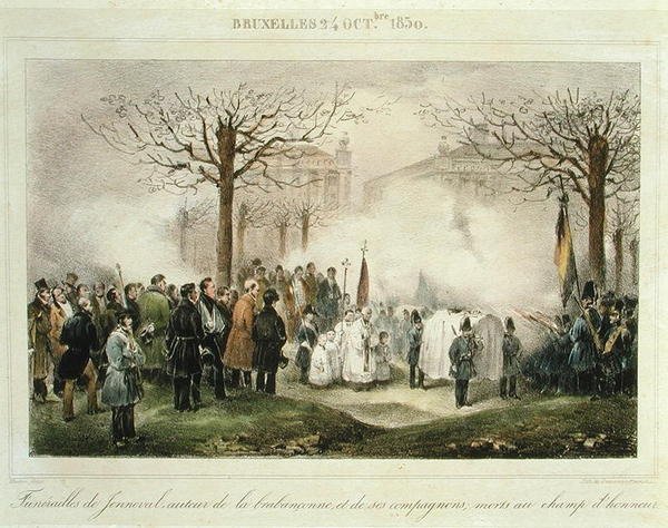Kunniakentällä kuolleiden Louis-Alexandre Dechetin (Jenneval) (1801-30) ja hänen seuralaistensa hautajaiset, 24. lokakuuta 1830, kaiverrus Dewasme-Pletinckx tekijältä Jean Baptiste (after) Madou
