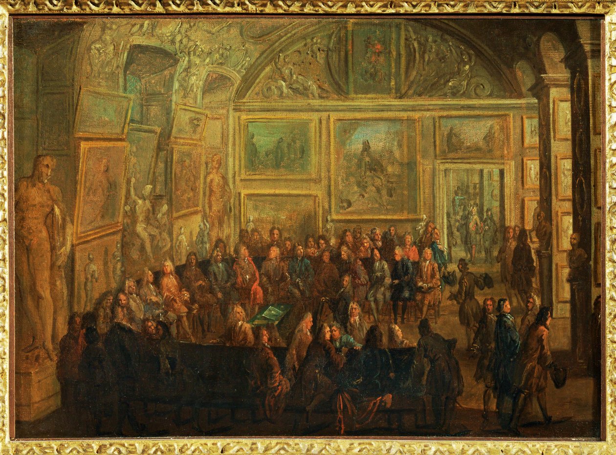 Näkymä Louvren Diane-salonkiin;Maalausakatemian istunto ... tekijältä Jean Baptiste (after) Martin