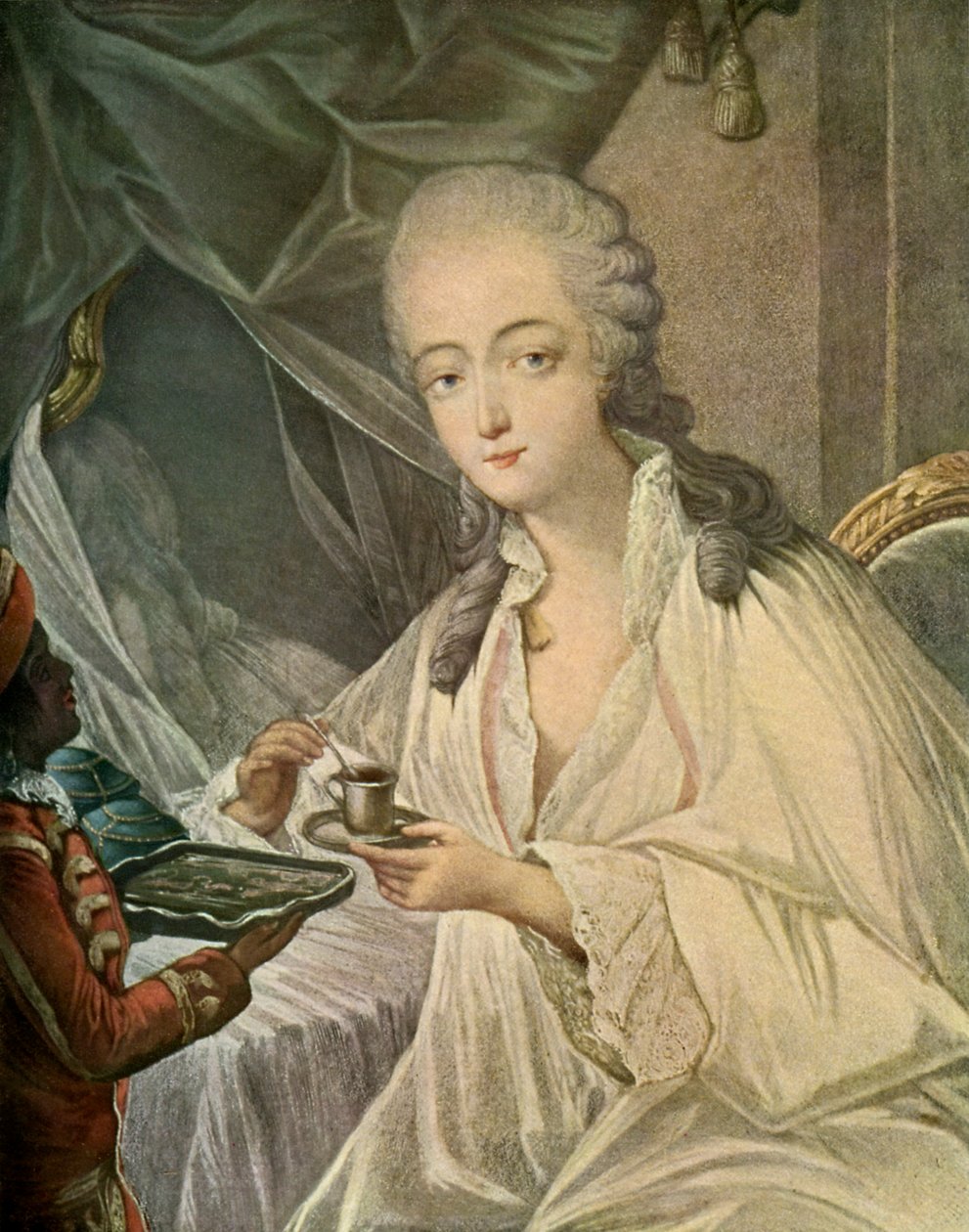 Madame Du Barry ja sivu Zamore, kirjasta "XVIII-luvun ranskalaiset värikuvat". tekijältä Jean Baptiste Andre (after) Gautier Dagoty