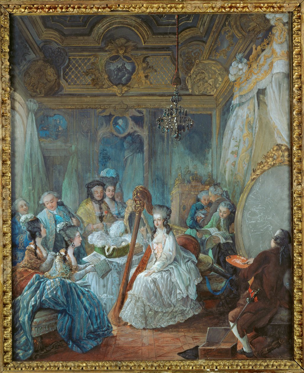 Marie-Antoinette asunnoissaan Versaillesissa hovin jäsenten ympäröimänä ... tekijältä Jean-Baptiste Andre Gautier Dagoty