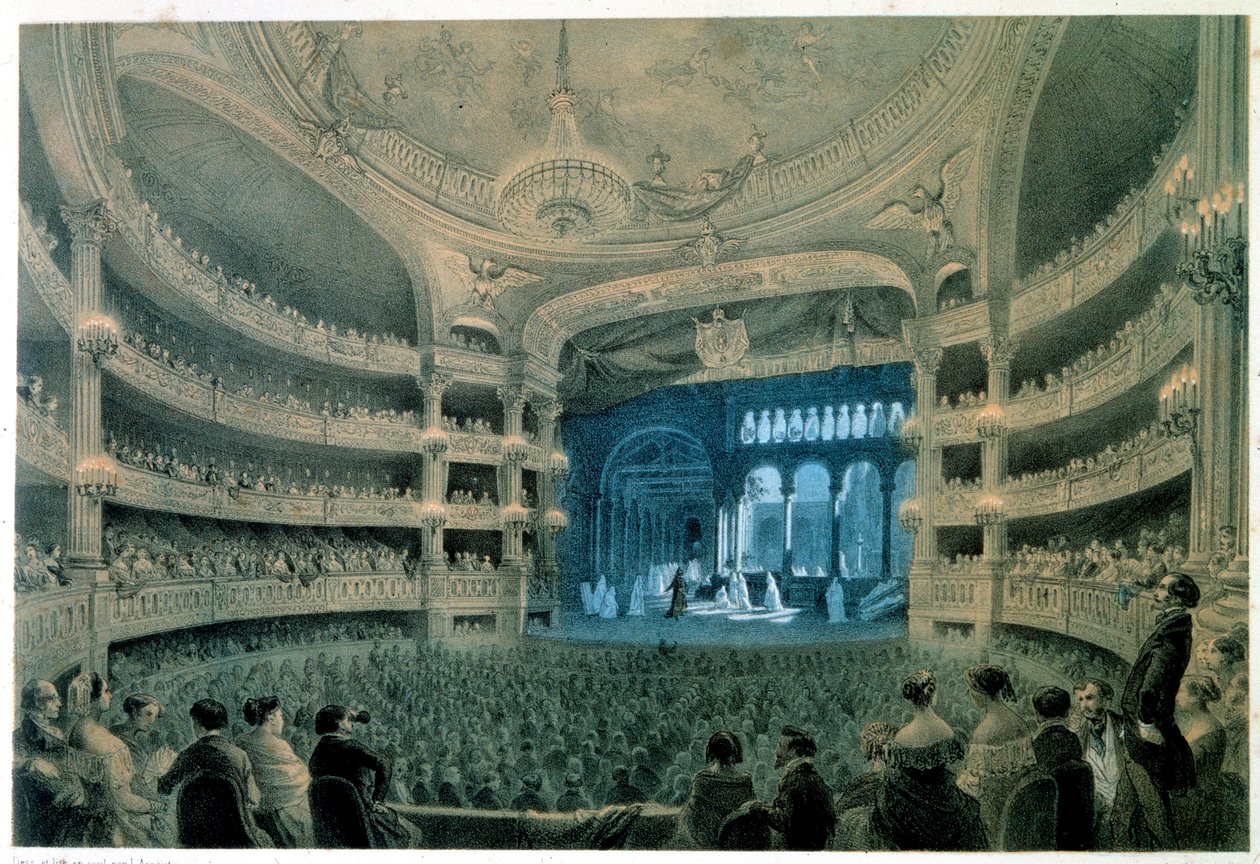 Näkymä Opera Garnierin (Academy of Music) teatterisalista. Litografia Jean Baptiste Arnout (1788-1870). 1800-luvulla. Paris, B.N. tekijältä Jean Baptiste Arnout