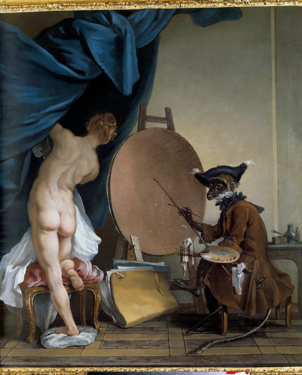 Apinamaalari. Öljy kankaalle, 0,89 x 0,62 m. - Taidemaalari apina. Jean Baptiste Deshaysin maalaus (1729 - 1765) tekijältä Jean Baptiste Deshays