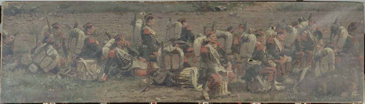 Sotilaskohtaus: Grenadereiden 1. rykmentin rummut (katkelma Rezonvillen panoraamakuvasta). tekijältä Jean Baptiste Edouard Detaille