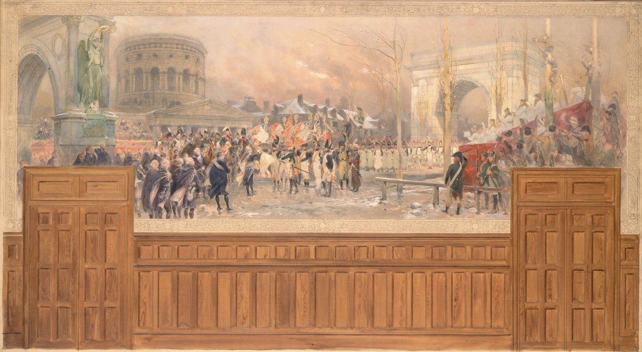 Pariisin kunnan vastaanotto Barrière de la Villette -aukiolla Puolasta vuosien 1806-1807 sotaretken jälkeen vuosina 1901-1902 palanneiden joukkojen osalta (öljy kankaalle). tekijältä Jean Baptiste Edouard Detaille