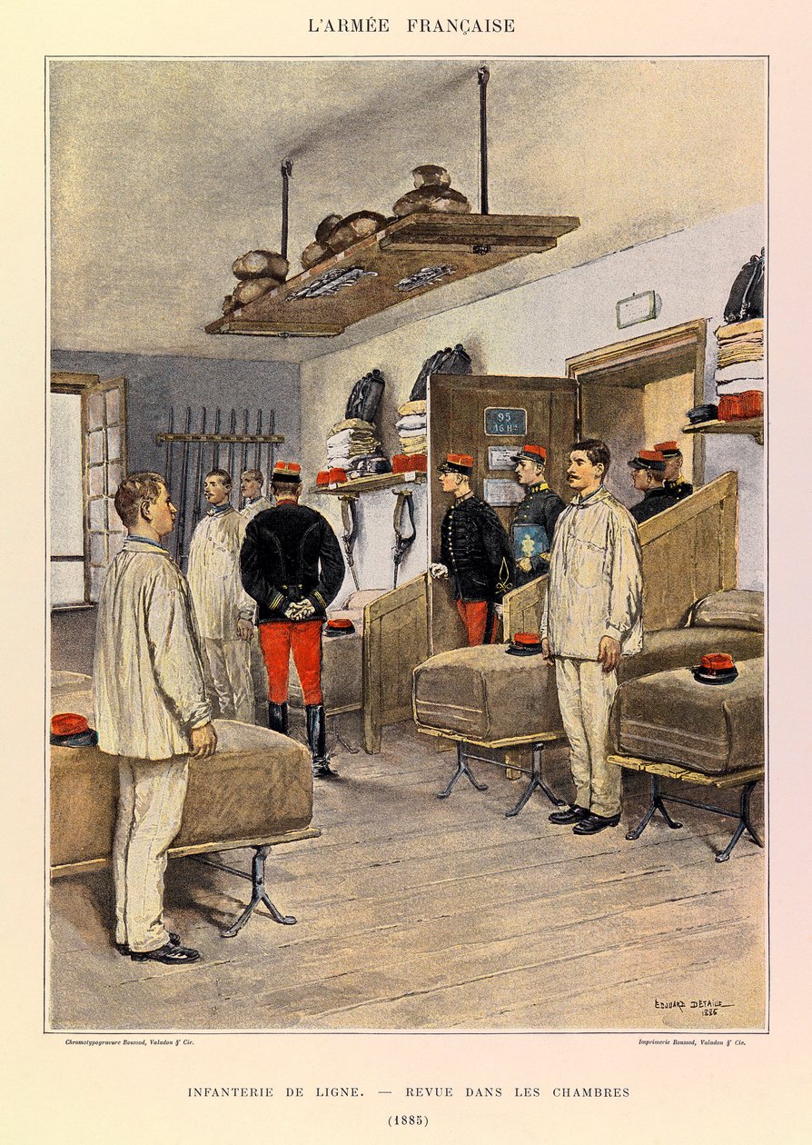 Kapteeni Jules Richardin ranskalaisen armeijan tyypit ja univormut, kuvittanut Edouard Detaille (1848-1912): Rivijalkaväki: Revue dans les chambers en 1885, Yksityinen kokoelma tekijältä Jean Baptiste Edouard Detaille