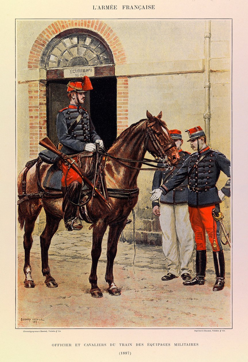 Kapteeni Jules Richardin ranskalaisen armeijan tyypit ja univormut, kuvittanut Edouard Detaille (1848-1912): Sotilasmiehistön junan upseeri ja ratsumiehet vuonna 1887, Yksityinen kokoelma tekijältä Jean Baptiste Edouard Detaille