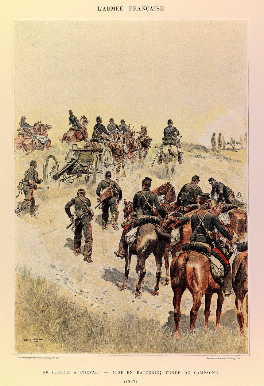 Kapteeni Jules Richardin ranskalaisen armeijan tyypit ja univormut, kuvittanut Edouard Detaille (1848-1912): Tykistö hevosen selässä; Akut; Kenttämekko vuodelta 1887, yksityinen kokoelma tekijältä Jean Baptiste Edouard Detaille