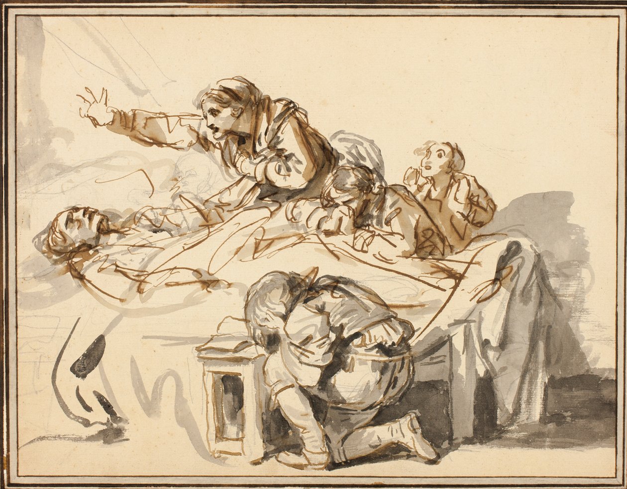 Naiset ja lapset surevat kuollutta miestä tekijältä Jean-Baptiste Greuze