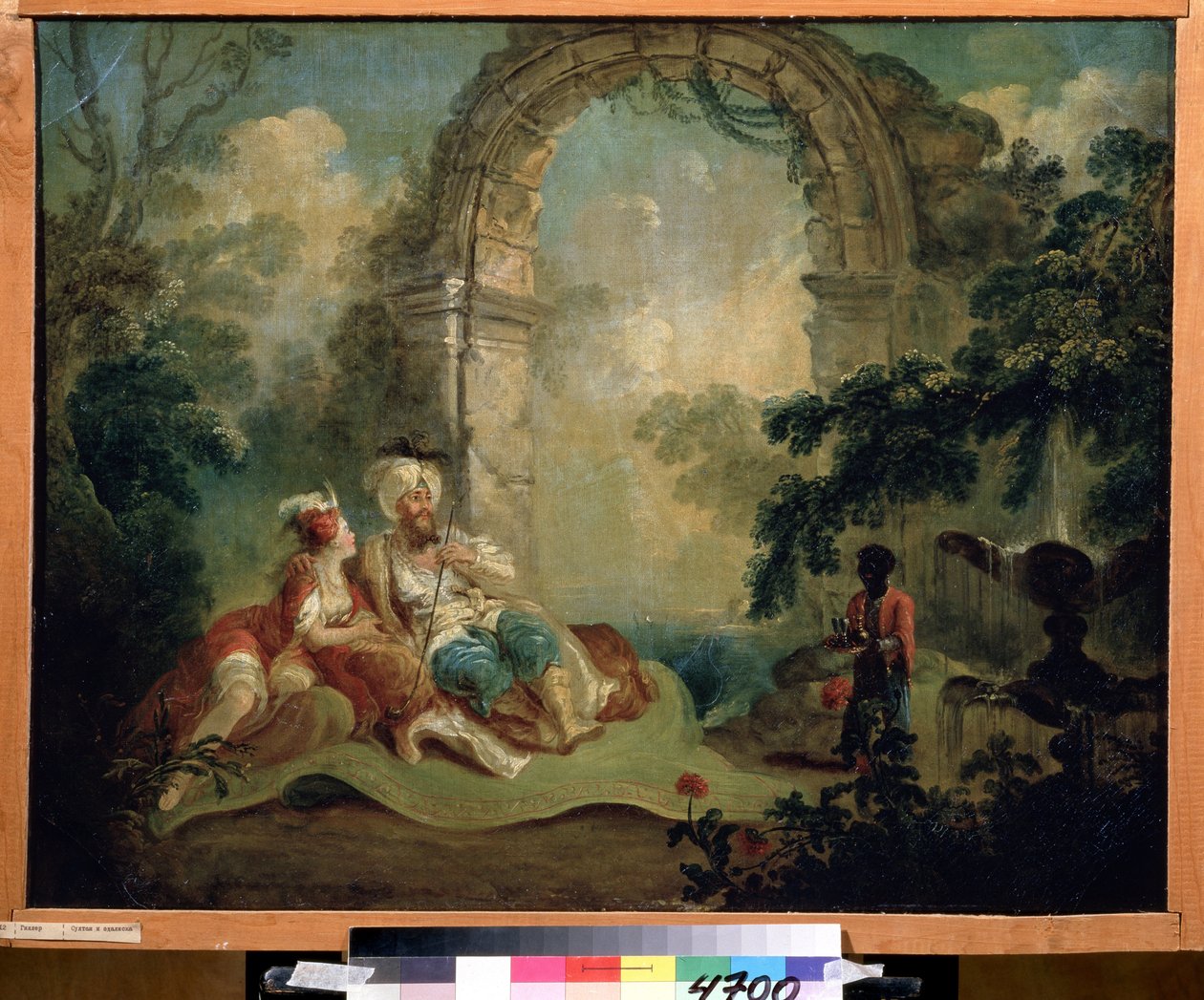 Orientalismi: "Turkkilainen pasha ja odaliski makaamassa matolla, niitä palvelee musta palvelija" (turkkilainen pasha ja odaliski) Jean Baptiste Hilairen maalaus (1753-noin 1822) Pouchkine-museo, Moskova tekijältä Jean Baptiste Hilaire