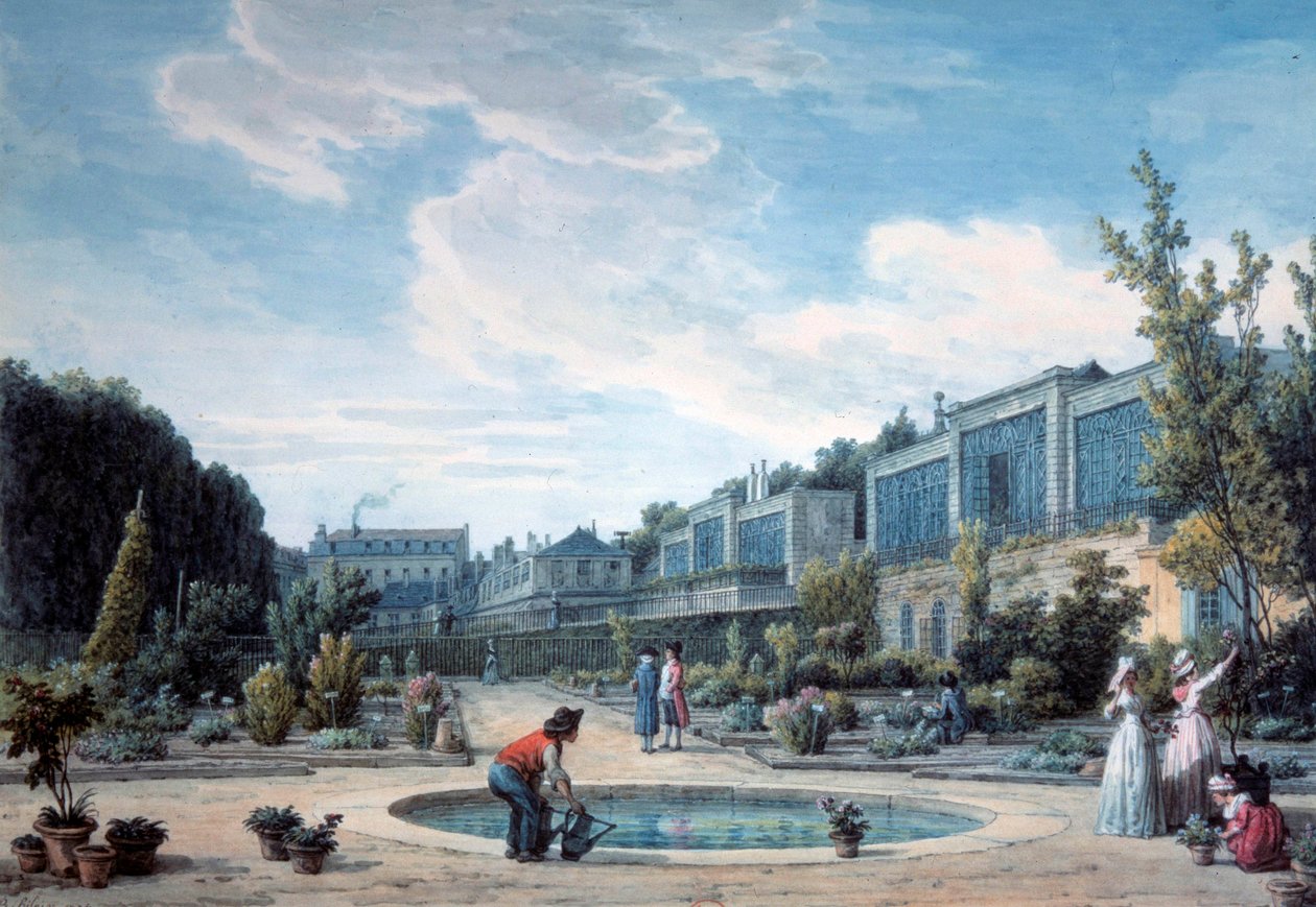 Näkymä Kuninkaan puutarhaan (nykyinen kasvipuutarha). Litografia Jean Baptiste Hilaire (1753-1822) 1794 Paris, B.N. tekijältä Jean Baptiste Hilaire
