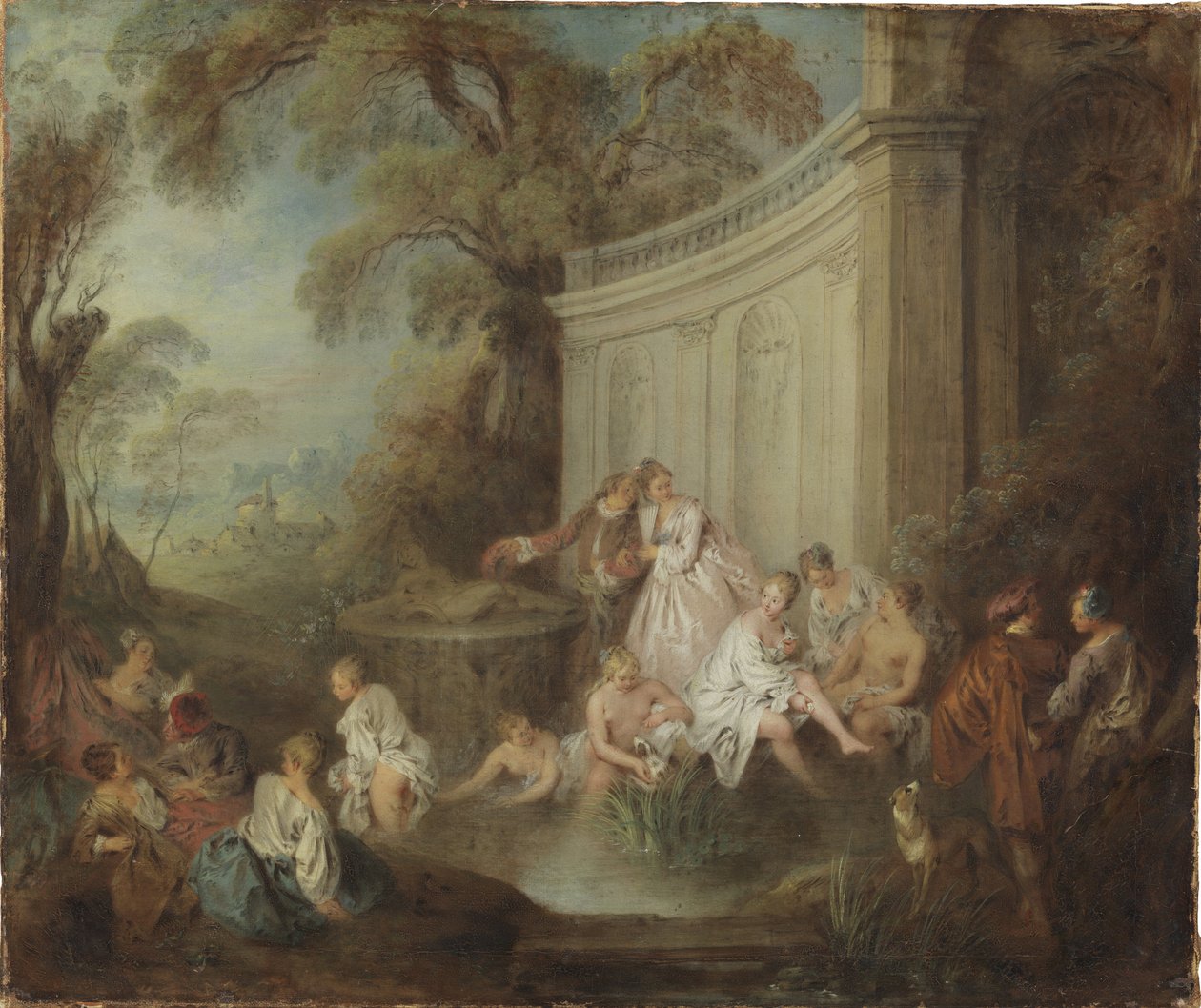 Puistossa kylpevä yritys - A Company Bather in a Park, kirjoittanut Pater, Jean-Baptiste (1695-1736). Öljy kankaalle. Koko: 49 x 59 cm. Tukholman kansallismuseo tekijältä Jean Baptiste Joseph Pater