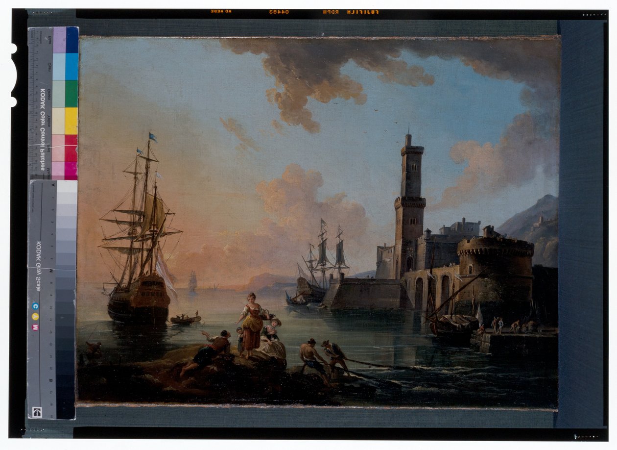 Kalastajat ja kurtisaanit Välimeren satamassa auringonlaskun aikaan tekijältä Jean Baptiste Lallemand