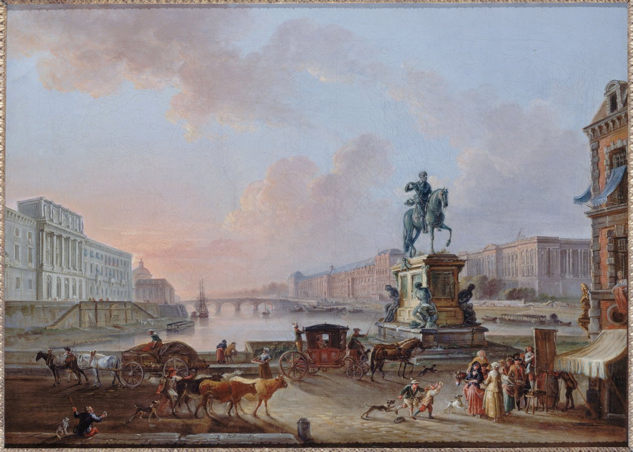 La Monnaie, Pont Royal ja Louvre, Pont-Neuf terre-pleiniltä nähtynä, noin 1775, noin 1775 (öljy) tekijältä Jean Baptiste Lallemand