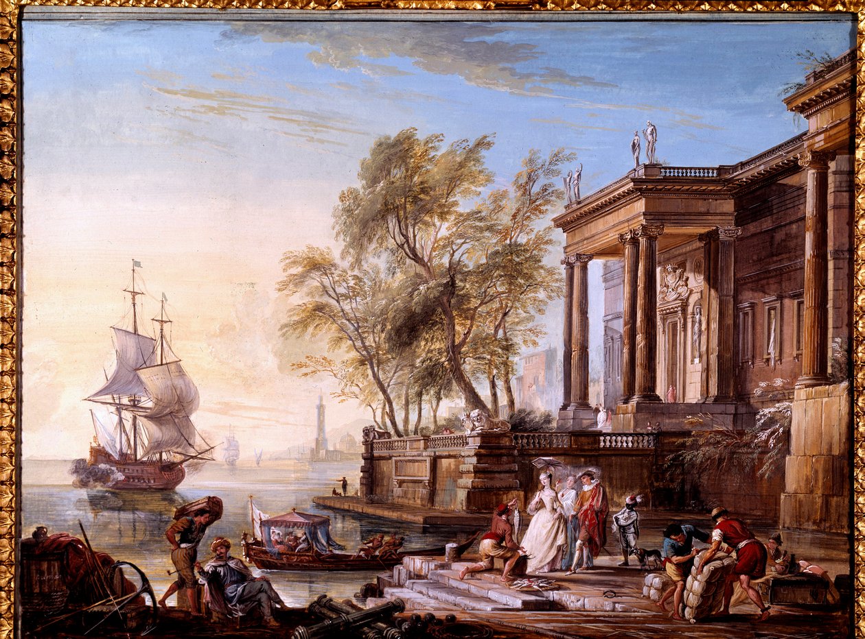 Marine at auringonlaskun maalaus Jean Baptiste Lallemand (Lallemant) (1710-1803) 17th century Dijon, Musee des Beaux Arts. tekijältä Jean Baptiste Lallemand
