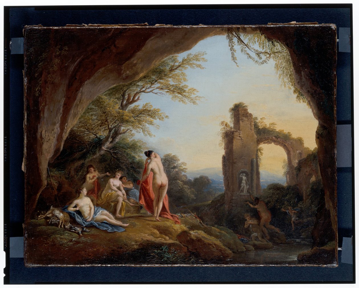 Nymfit ja satyyrit jokimaisemassa Diana ja Actaeon maisemassa raunioilla tekijältä Jean Baptiste Lallemand