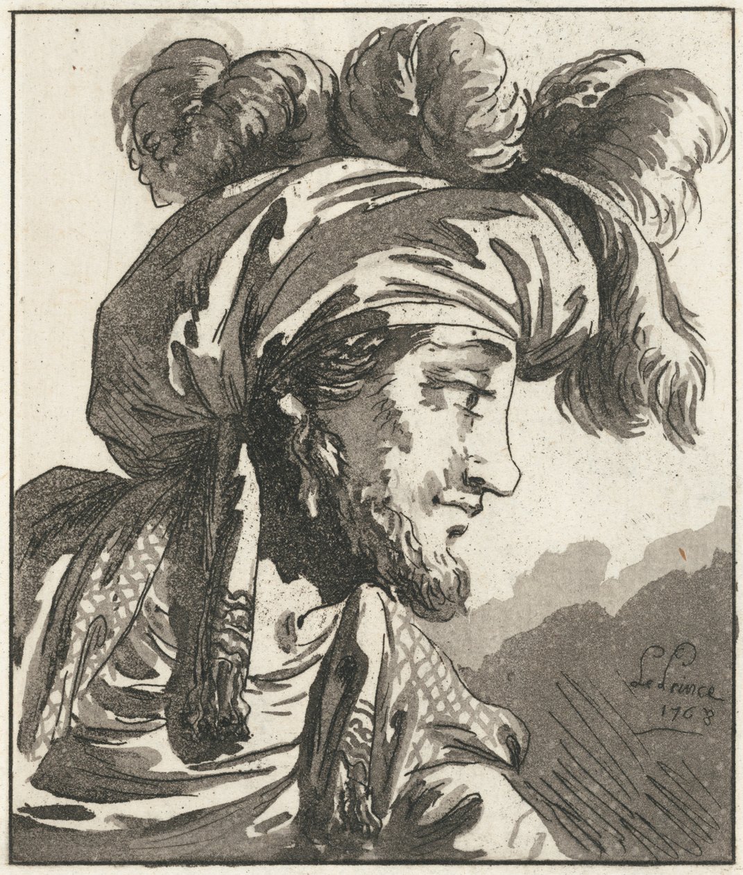 Turbanipäisen, viiksetöntä miestä esittävä pää tekijältä Jean-Baptiste Le Prince