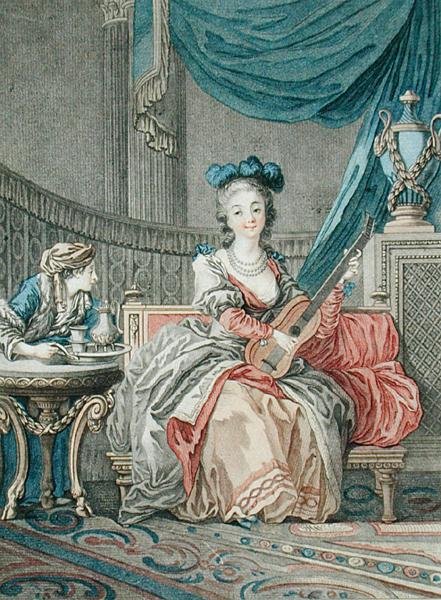 Yksinäisyyden ilot, kaiverrus Louis Marin (fl.1776-80), n.1770-80 (värillinen litho) tekijältä Jean Baptiste Le Prince