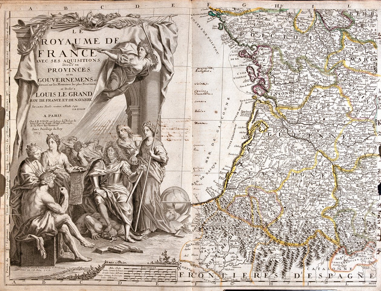 Ranska (Alue: Poitou-Charentes, Limousin, Aquitaine, Midi-Pyrenees), Espanja (itsehallintoalueet: Baskimaa, Navarra, Aragonia, Katalonia), Andorra. tekijältä Jean Baptiste Nolin