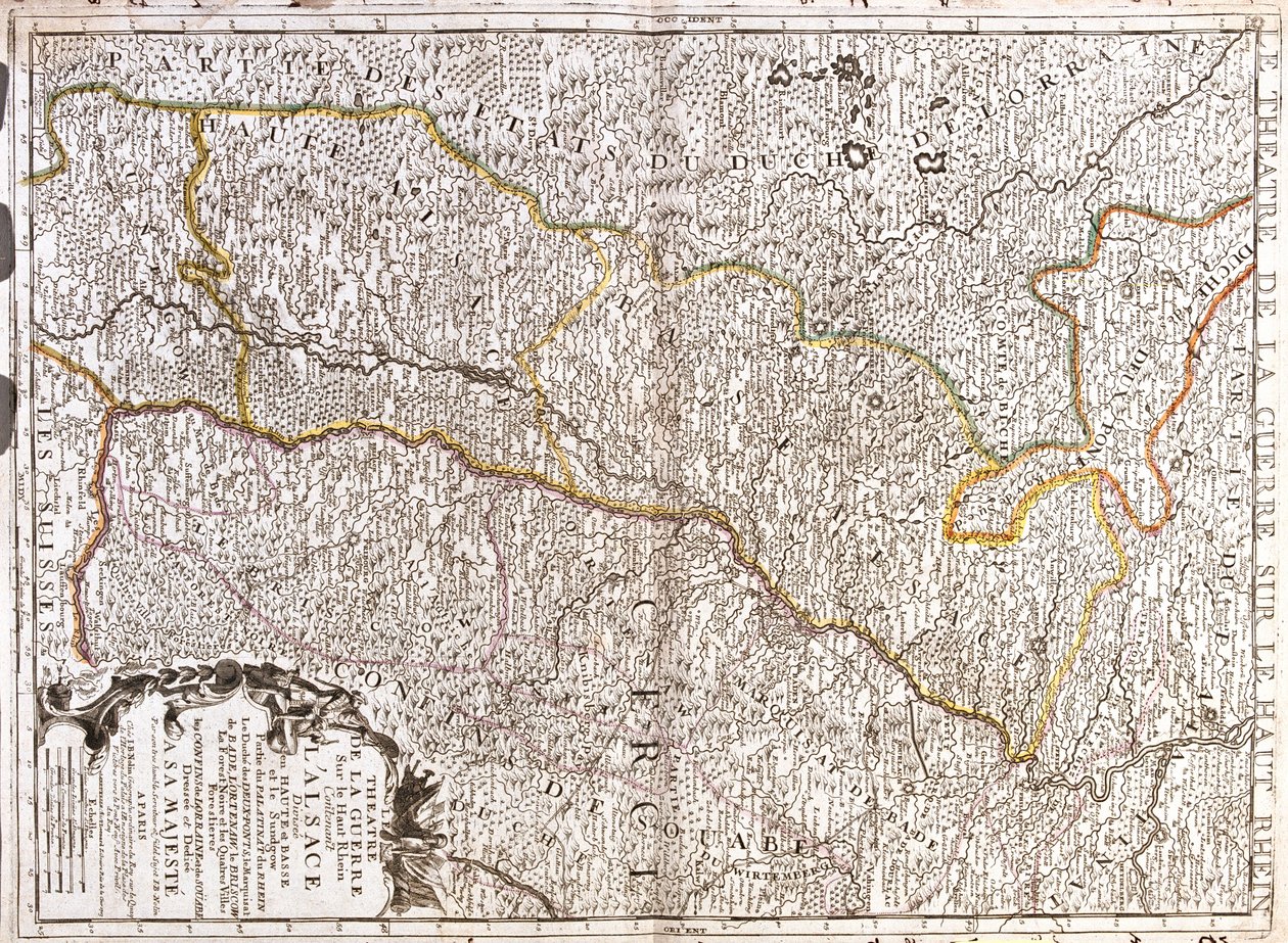 Saksa (osavaltiot: Saarland, Rheinland-Pfalz, Baden-Württemberg), Ranska (Franche-Comté, Alsace, Lorraine), Sveitsi (kantoni: Basel-Stadt). tekijältä Jean Baptiste Nolin