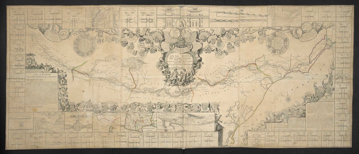 Kartta Canal de Languedocista, joka yhdistää Atlantin valtameren Välimereen, omistettu ja esitetty M.GRS Estates of Languedocille tekijältä Jean Baptiste Nolin
